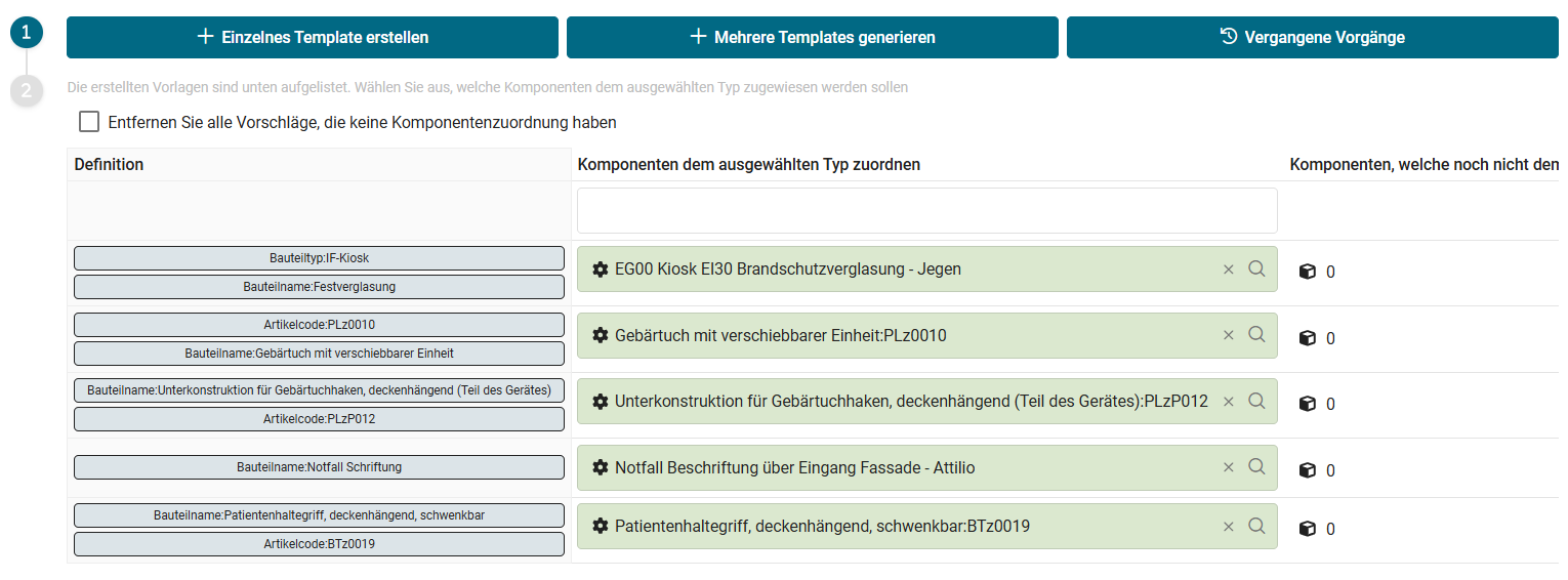 Bildschirmansicht der Smart Data Services in LIBAL, Komponenten werden nach Typ gruppiert, mit Zuordnungsvorschl&auml;gen und Best&auml;tigung